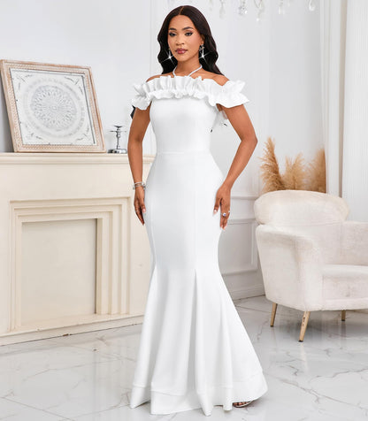 Cololura Sexy Floor-Length Off Shoulder Ruffles Stringy Selvedge Mermaid Bodycon Party Evening Maxi Dress