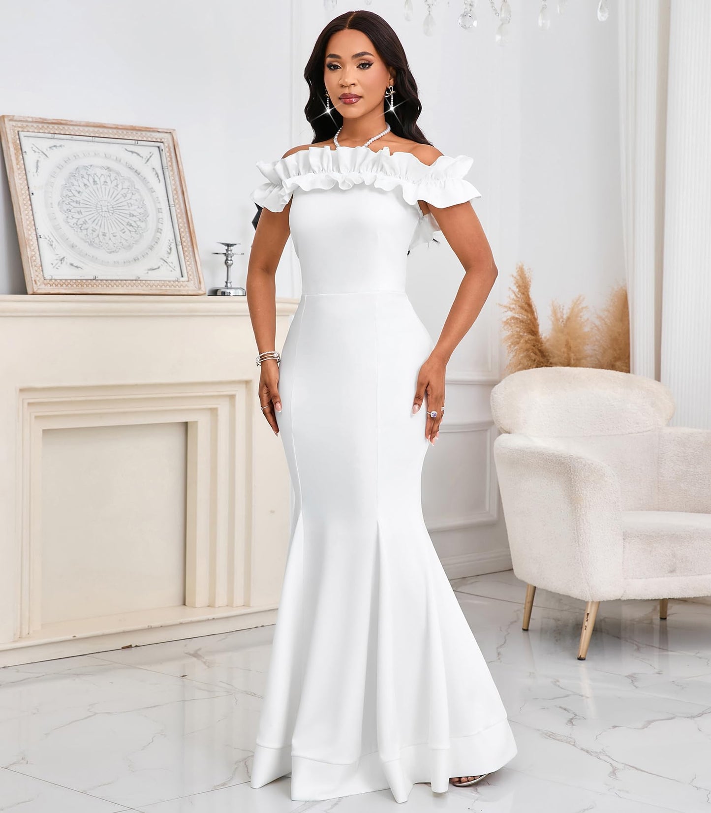 Cololura Sexy Floor-Length Off Shoulder Ruffles Stringy Selvedge Mermaid Bodycon Party Evening Maxi Dress