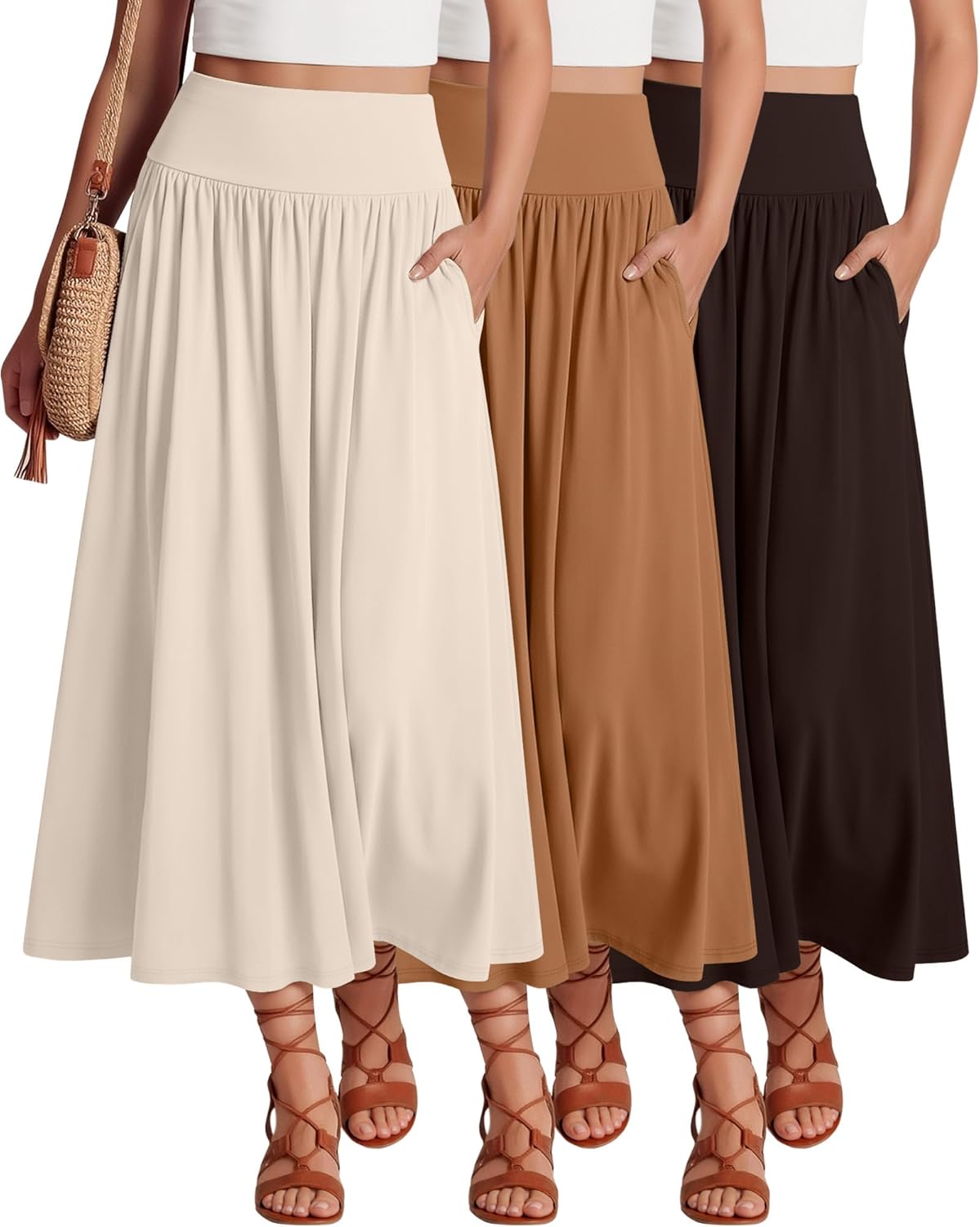 Ficerd 3 Pack Maxi Long Skirts for Women, Ankle Length High Waisted Pleated Flowy a Line Summer Casual Skirts with Pockets