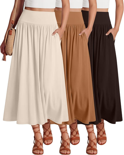 Ficerd 3 Pack Maxi Long Skirts for Women, Ankle Length High Waisted Pleated Flowy a Line Summer Casual Skirts with Pockets