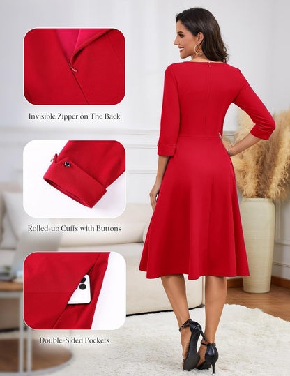 HomRain Women's Fit and Flare Midi Dress-3/4 Sleeve Modest Church Dress Classy Causal Work Dresses with Pockets