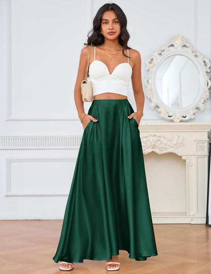 MAKABO Maxi Satin Skirts for Womens High Waisted Flowy Long A line Skirt Trendy for Office Holiday Party