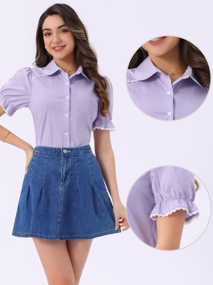 Allegra K Peter Pan Collar Shirt for Women Vintage Tops Puff Short Sleeve Button Down Retro Blouses 2026