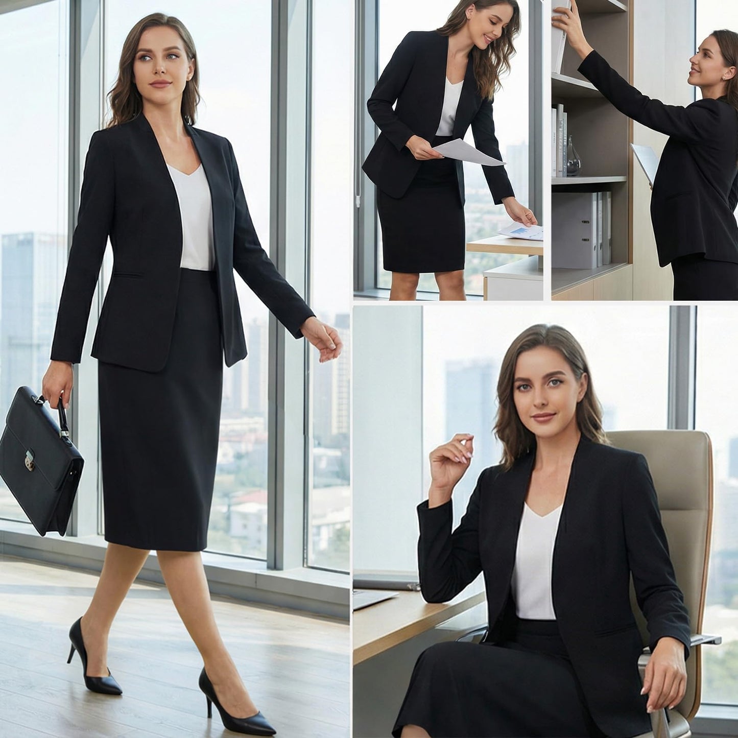 Women's 2 Piece Business Suit Skirt Set Collarless Blazer Jacket & Pencil Skirt Office Work Professional Outfits