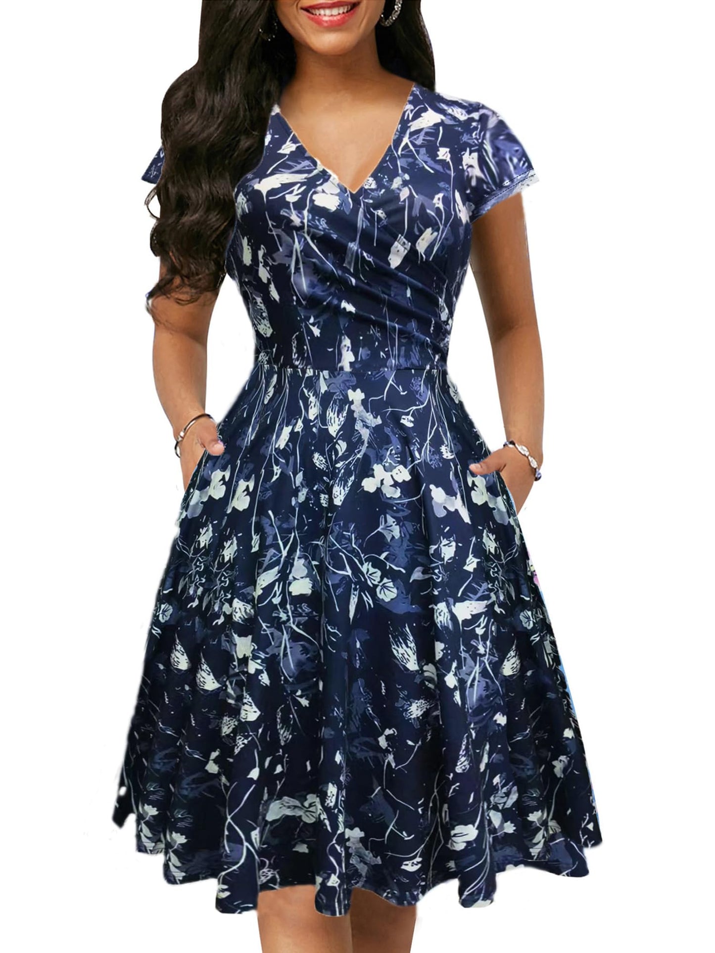 oxiuly Women's Vintage Dot V-Neck Cap Sleeve Casual Pockets Swing Tea Dress OX296