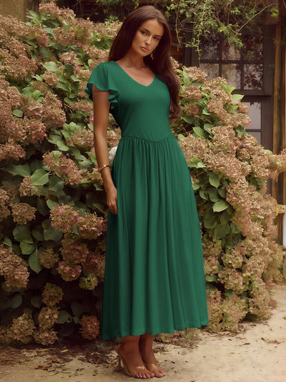 YUNDAI Women's Scoop Neck Flutter Sleeve Midi Dress with Pocket Elegant Flowy A Line Tie Back Dress