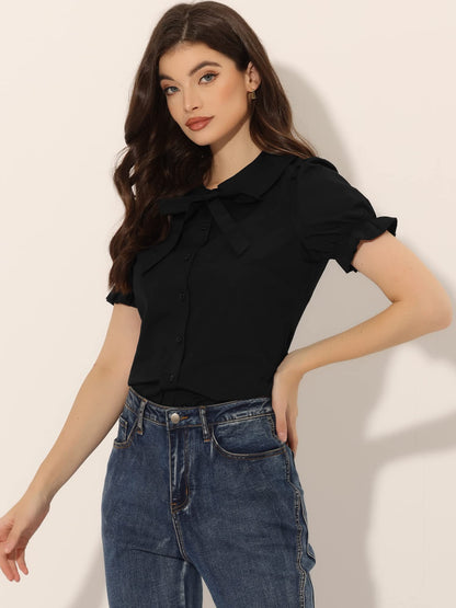 Allegra K Women's Vintage Peter Pan Collar Tie Neck Casual Cute Cotton Button-Up Shirt
