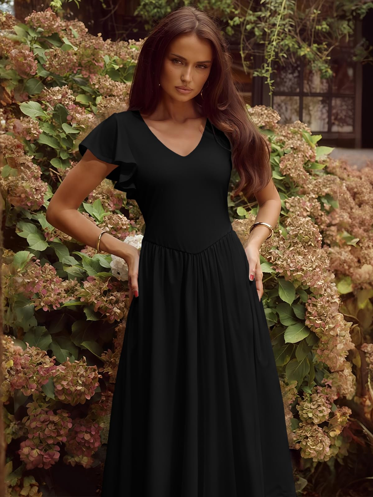 YUNDAI Women's Scoop Neck Flutter Sleeve Midi Dress with Pocket Elegant Flowy A Line Tie Back Dress