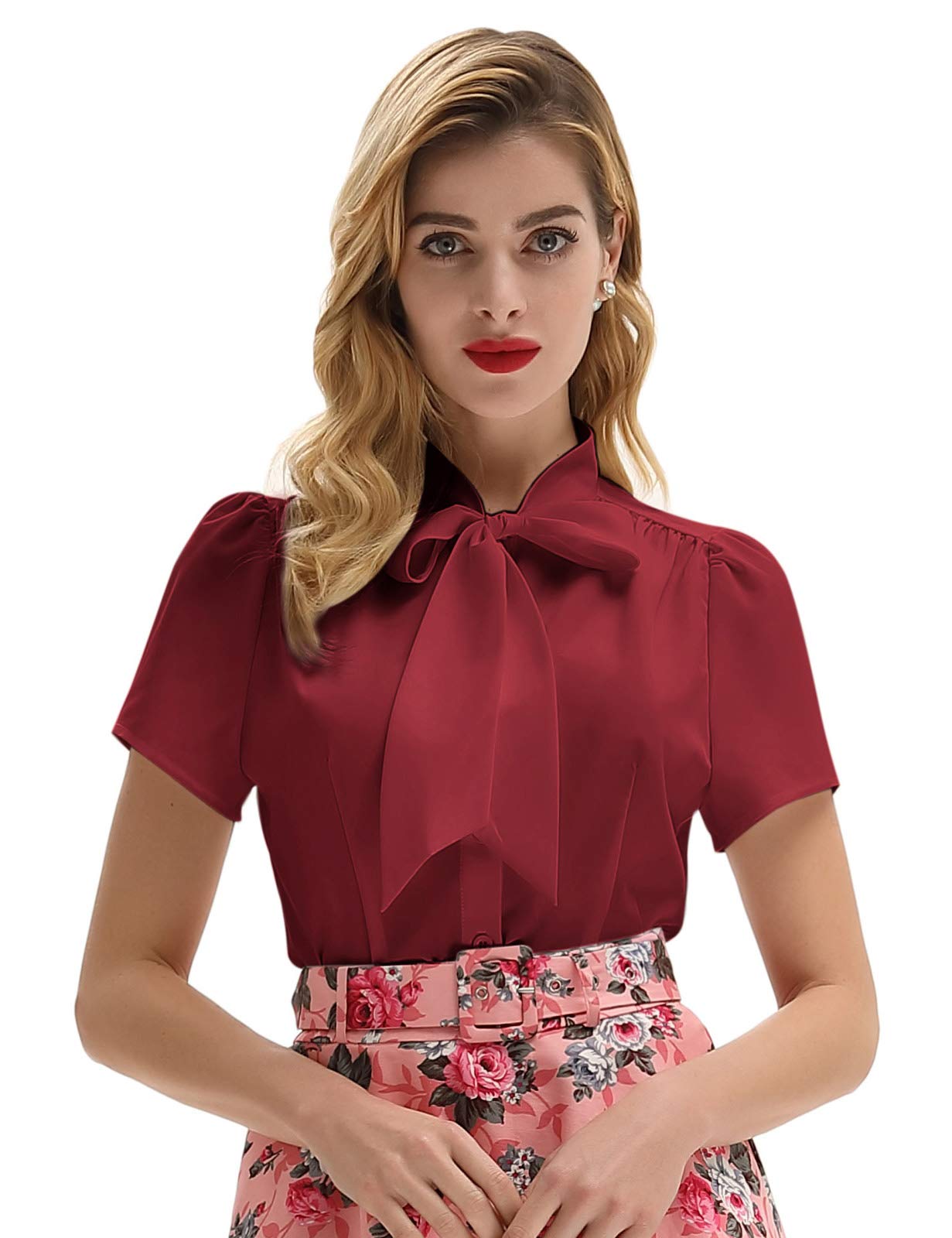Belle Poque Summer Short Sleeve Office Button Down Blouse Stripe Shirt Tops with Bow Tie BP573