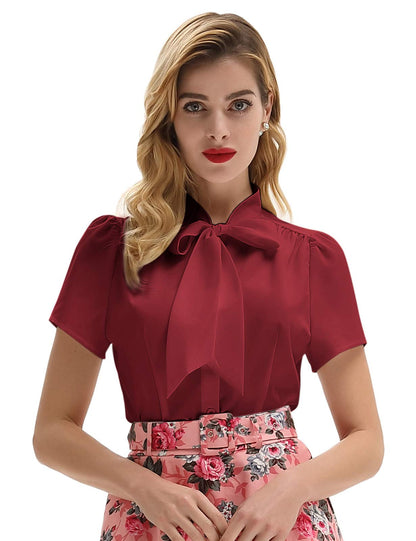 Belle Poque Summer Short Sleeve Office Button Down Blouse Stripe Shirt Tops with Bow Tie BP573