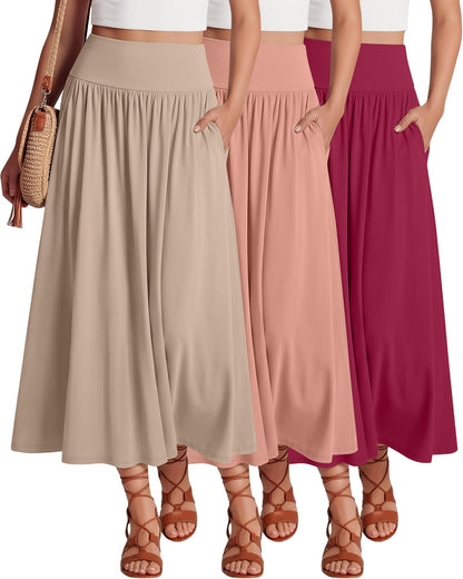 Ficerd 3 Pack Maxi Long Skirts for Women, Ankle Length High Waisted Pleated Flowy a Line Summer Casual Skirts with Pockets