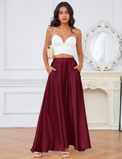 MAKABO Maxi Satin Skirts for Womens High Waisted Flowy Long A line Skirt Trendy for Office Holiday Party