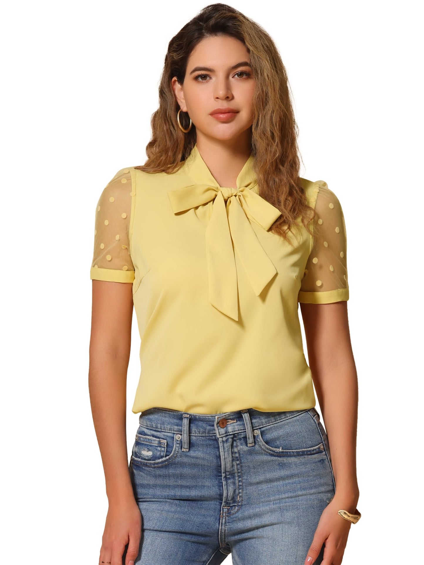 Allegra K Women's Bow Tie Neck V Neck Stand Collar Short Mesh Sleeve Blouse