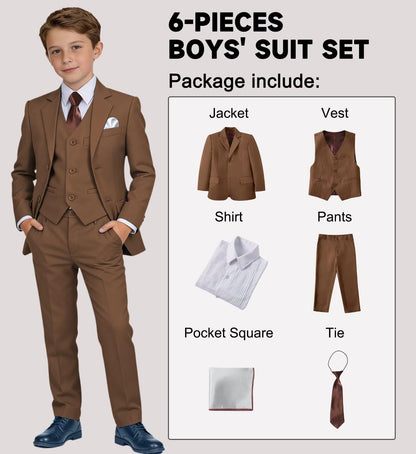 Boys' Suit Kids Formal Tuxedo Suits Set for Boys 6 Piece Dress Clothes Easter Wedding Outfit with Tie Pocket Square