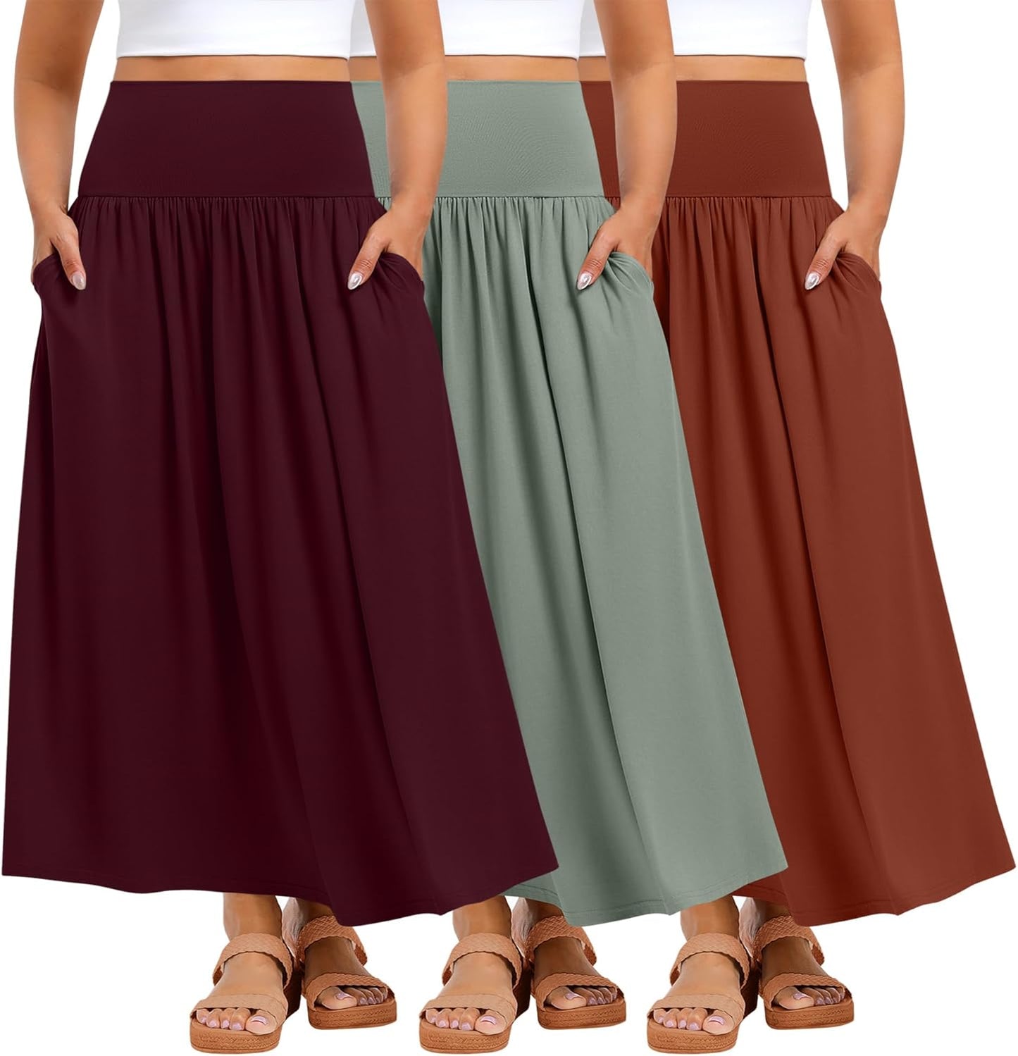 Ficerd 3 Pack Plus Size Maxi Skirts for Curvy Women Pockets Casual 2026 Boho Summer Flowy Long Skirt a Line High Waist Dress
