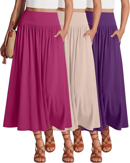 Ficerd 3 Pack Maxi Long Skirts for Women, Ankle Length High Waisted Pleated Flowy a Line Summer Casual Skirts with Pockets
