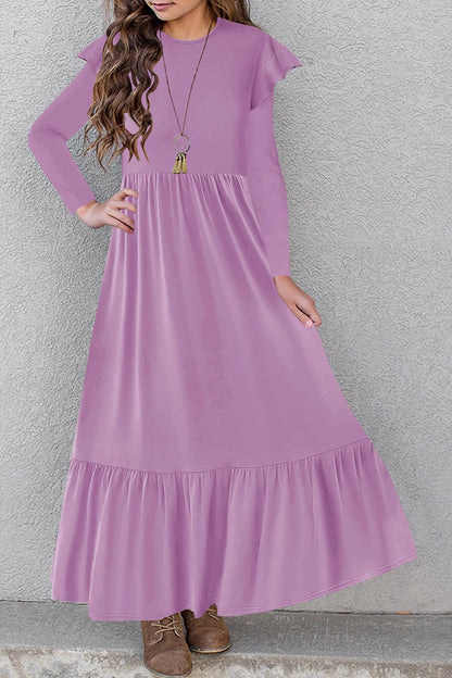 HOSIKA Girls Fall Ruffle Long Sleeve Crew Neck Loose Casual Flowy Tiered Maxi Dress with Pockets for 6-12 Y