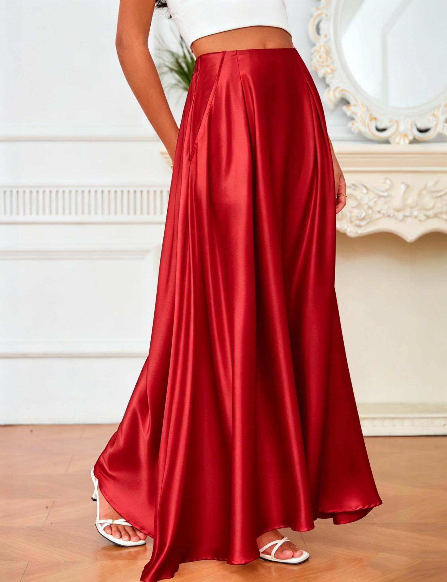 MAKABO Maxi Satin Skirts for Womens High Waisted Flowy Long A line Skirt Trendy for Office Holiday Party