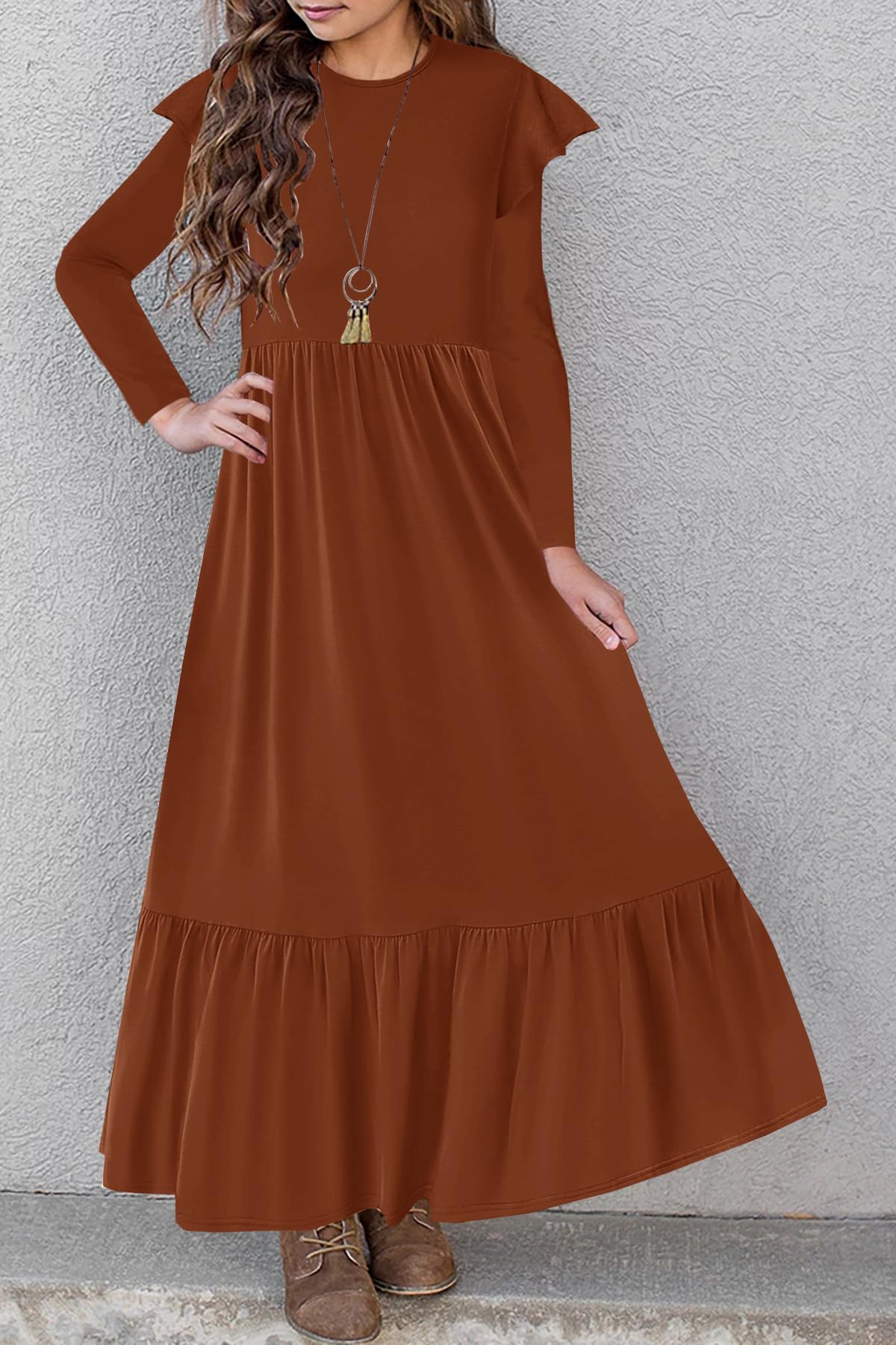 HOSIKA Girls Fall Ruffle Long Sleeve Crew Neck Loose Casual Flowy Tiered Maxi Dress with Pockets for 6-12 Y