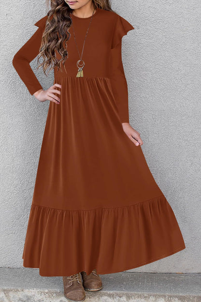HOSIKA Girls Fall Ruffle Long Sleeve Crew Neck Loose Casual Flowy Tiered Maxi Dress with Pockets for 6-12 Y