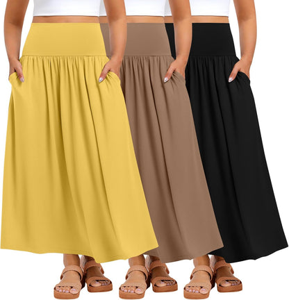 Ficerd 3 Pack Plus Size Maxi Skirts for Curvy Women Pockets Casual 2026 Boho Summer Flowy Long Skirt a Line High Waist Dress
