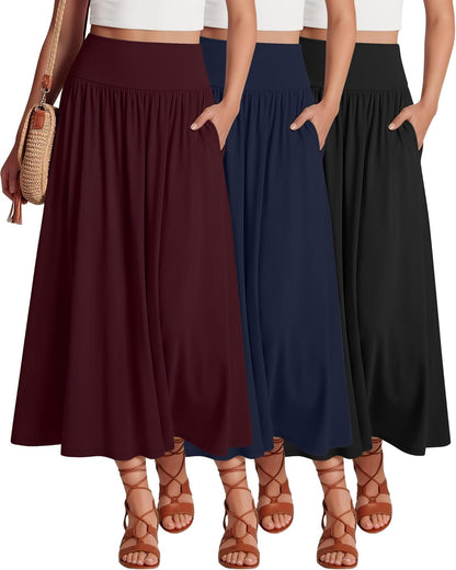 Ficerd 3 Pack Maxi Long Skirts for Women, Ankle Length High Waisted Pleated Flowy a Line Summer Casual Skirts with Pockets