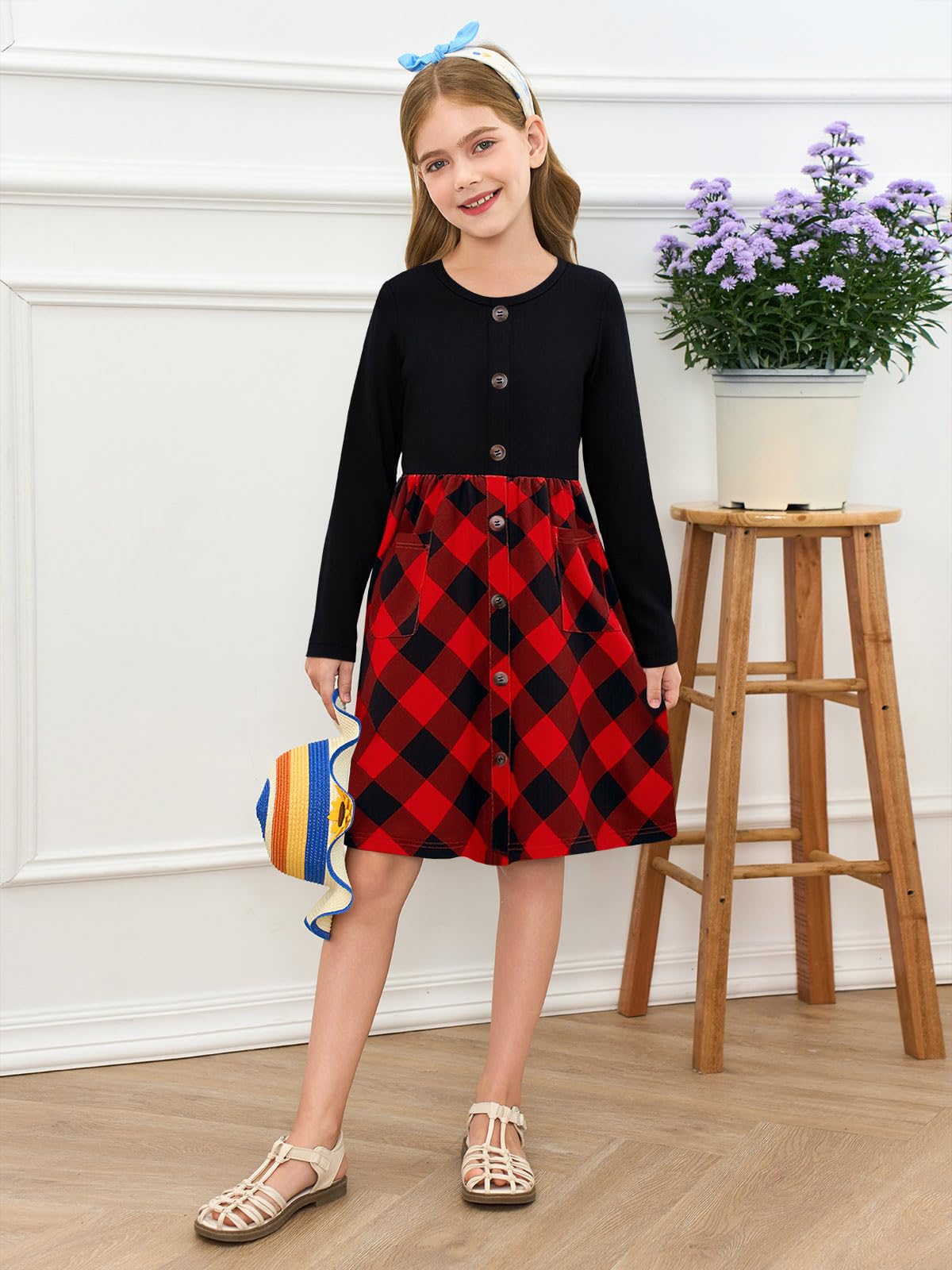 Girls Dresses Kids Button Down Midi Long Sleeve Casual A Line Dress with Pockets 4-14 Years