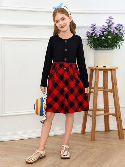 Girls Dresses Kids Button Down Midi Long Sleeve Casual A Line Dress with Pockets 4-14 Years