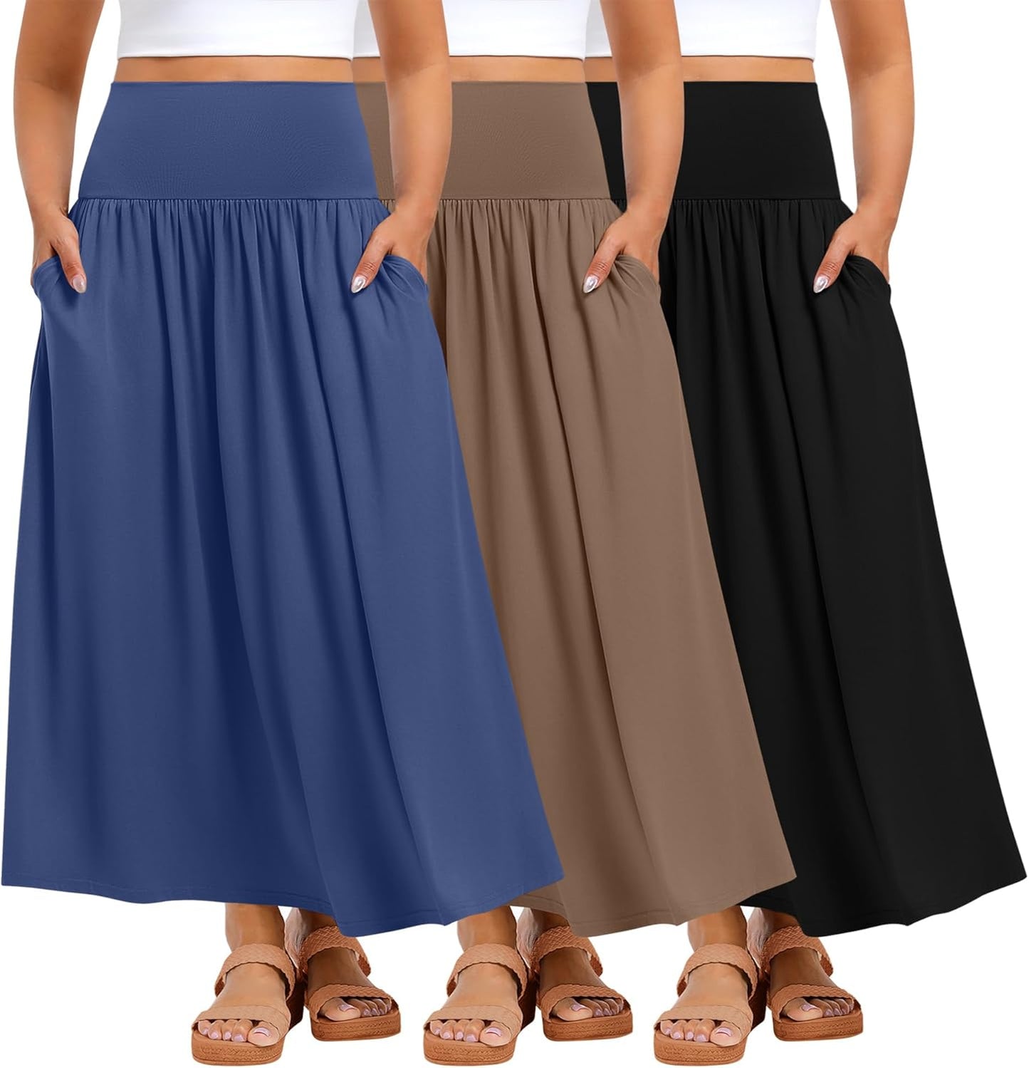 Ficerd 3 Pack Plus Size Maxi Skirts for Curvy Women Pockets Casual 2026 Boho Summer Flowy Long Skirt a Line High Waist Dress