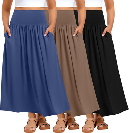 Ficerd 3 Pack Plus Size Maxi Skirts for Curvy Women Pockets Casual 2026 Boho Summer Flowy Long Skirt a Line High Waist Dress