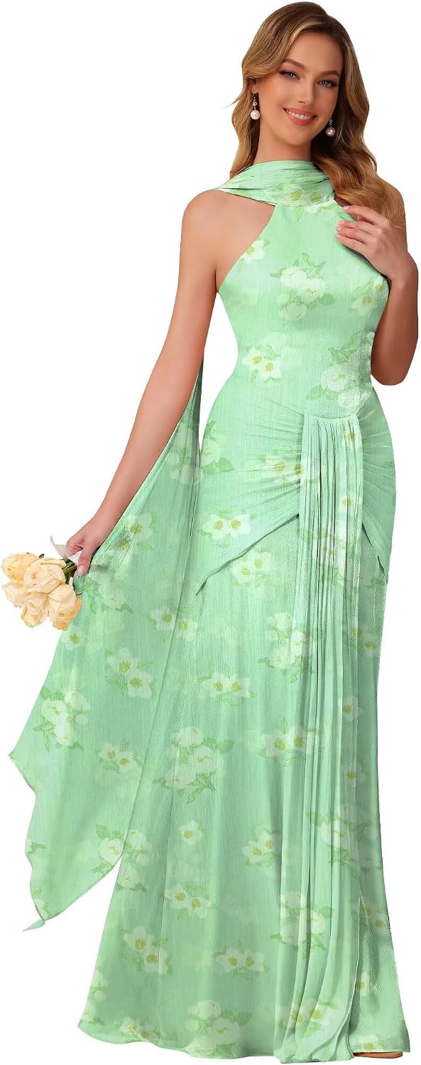 Halter Bridesmaid Dresses Long with Scarf Shimmer Chiffon Formal Dress Pleated Mermaid Evening Gowns for Women