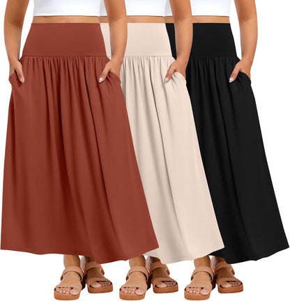 Ficerd 3 Pack Plus Size Maxi Skirts for Curvy Women Pockets Casual 2026 Boho Summer Flowy Long Skirt a Line High Waist Dress