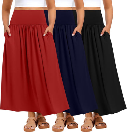 Ficerd 3 Pack Plus Size Maxi Skirts for Curvy Women Pockets Casual 2026 Boho Summer Flowy Long Skirt a Line High Waist Dress