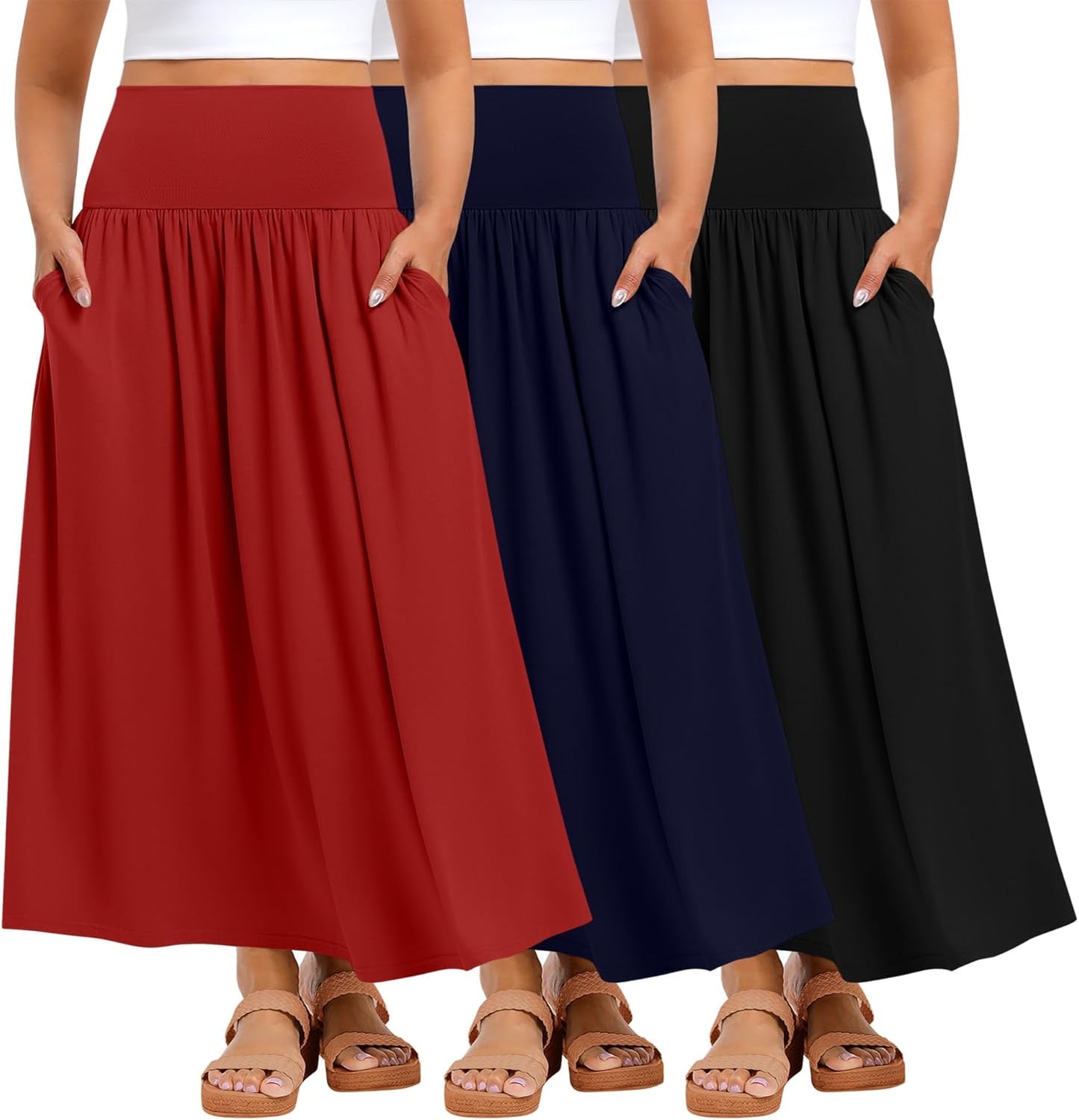 Ficerd 3 Pack Plus Size Maxi Skirts for Curvy Women Pockets Casual 2026 Boho Summer Flowy Long Skirt a Line High Waist Dress