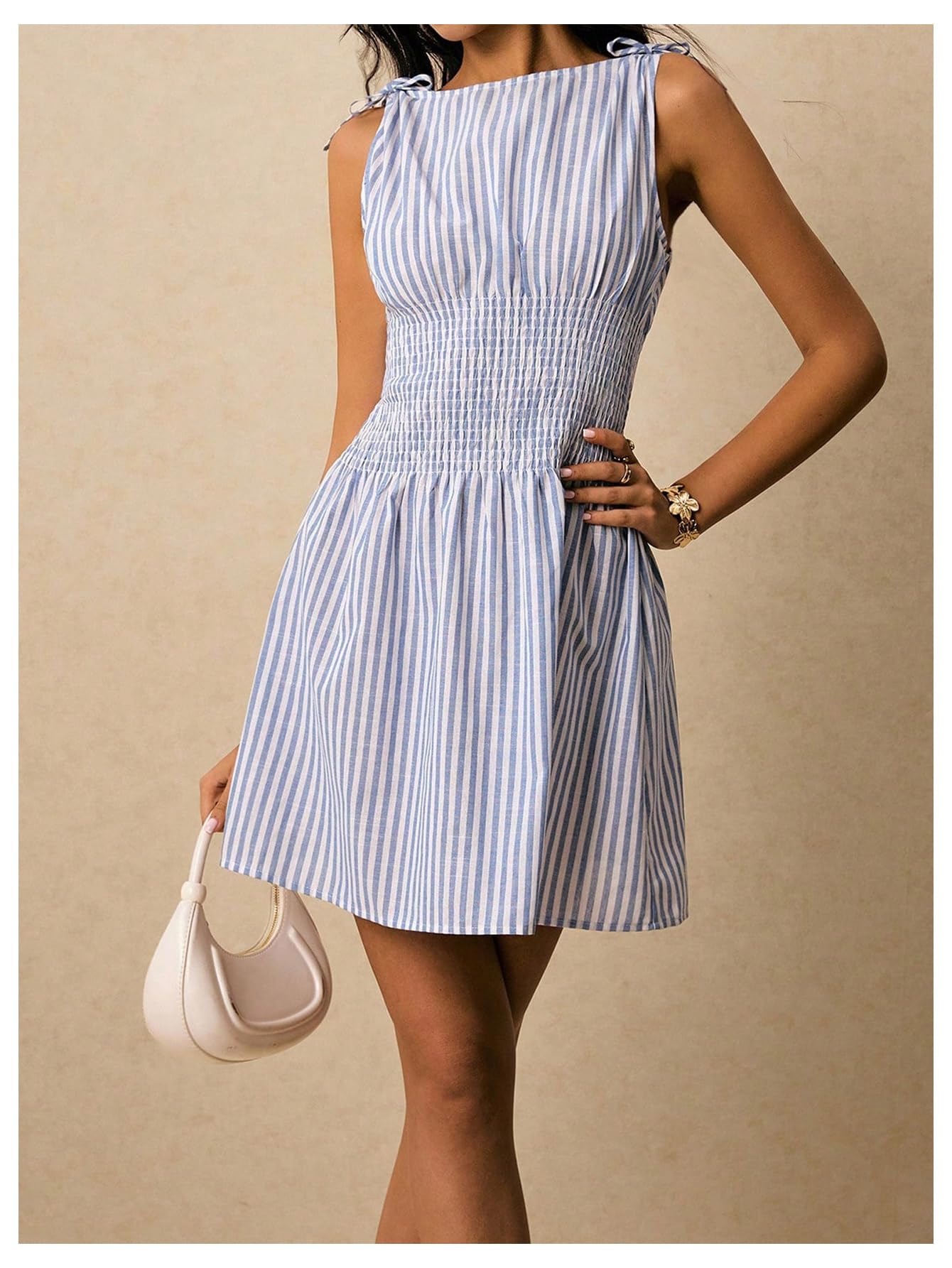 Floerns Women's Tie Shoulder A Line Gingham Dress Boat Neck Mini Checkered Elegant Dresses