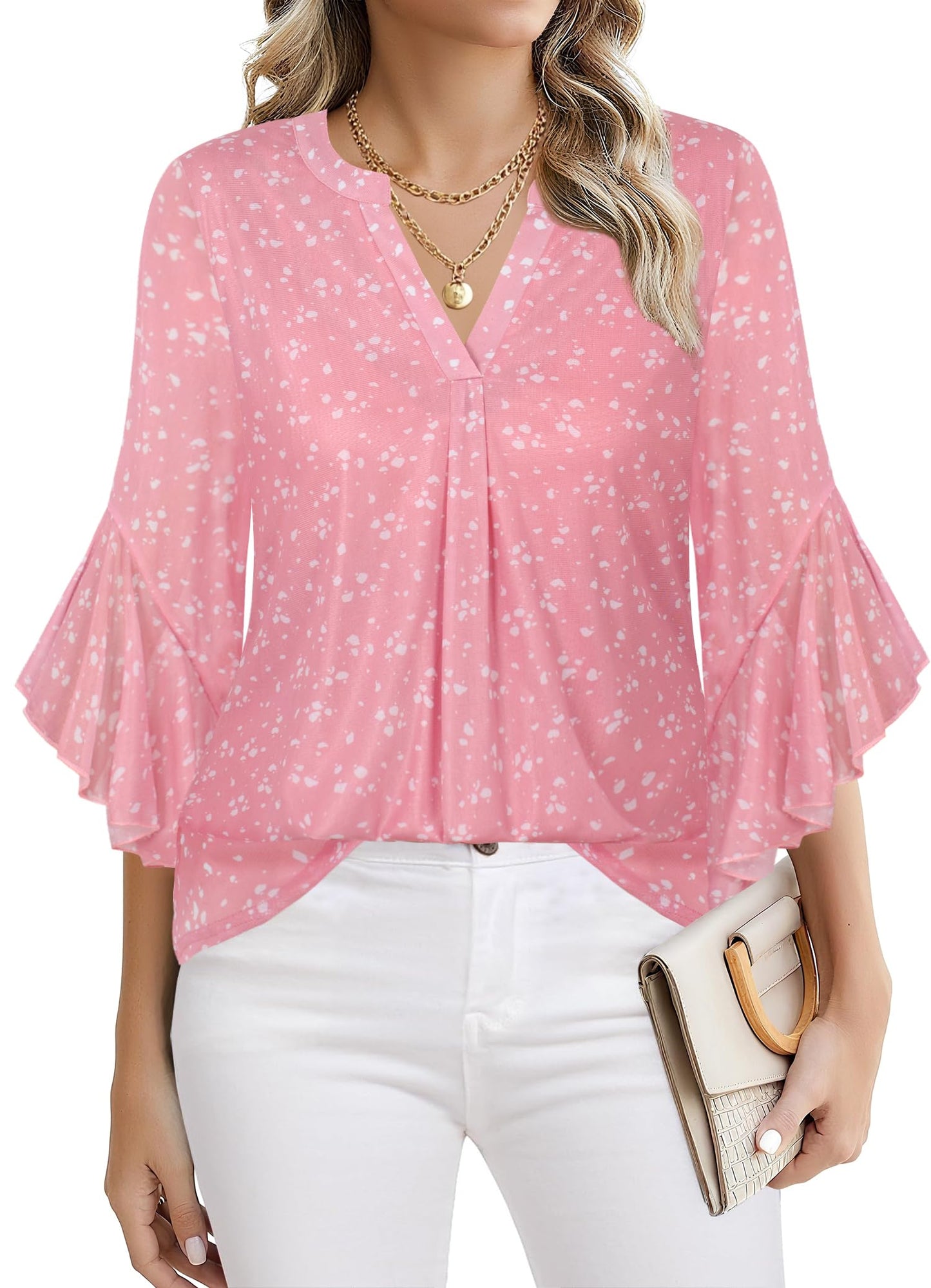 Ninedaily Womens Sparkly Tops 3/4 Sleeve Dressy Casual Sequin Blouses Double Layers Loose V Neck Shirt