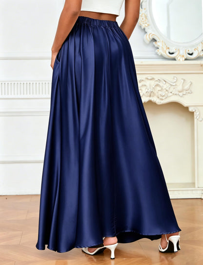 MAKABO Maxi Satin Skirts for Womens High Waisted Flowy Long A line Skirt Trendy for Office Holiday Party