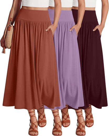 Ficerd 3 Pack Maxi Long Skirts for Women, Ankle Length High Waisted Pleated Flowy a Line Summer Casual Skirts with Pockets