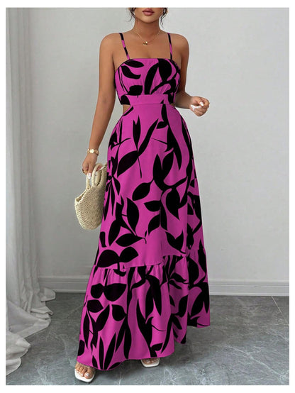 OYOANGLE Women's Cut Out Floral Print Tropical Maxi Cami Dress Ruffle Flowy Summer Vacation Spaghetti Strap Sundress