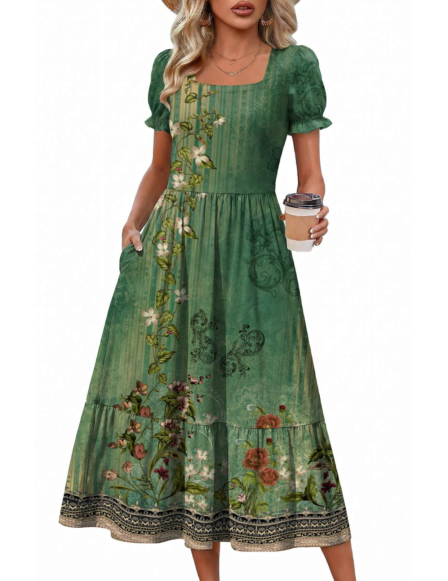 Zeagoo Summer Dresses for Women Flowy Casual Midi Dress Short Sleeve Tiered Dress Beach Vacation Sundresses with Pockets