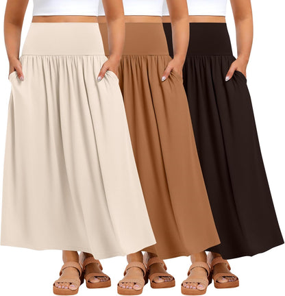 Ficerd 3 Pack Plus Size Maxi Skirts for Curvy Women Pockets Casual 2026 Boho Summer Flowy Long Skirt a Line High Waist Dress