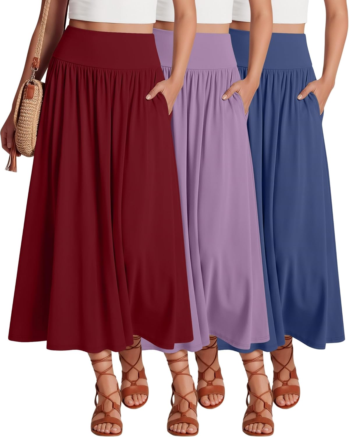 Ficerd 3 Pack Maxi Long Skirts for Women, Ankle Length High Waisted Pleated Flowy a Line Summer Casual Skirts with Pockets