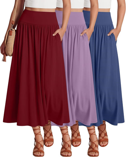 Ficerd 3 Pack Maxi Long Skirts for Women, Ankle Length High Waisted Pleated Flowy a Line Summer Casual Skirts with Pockets