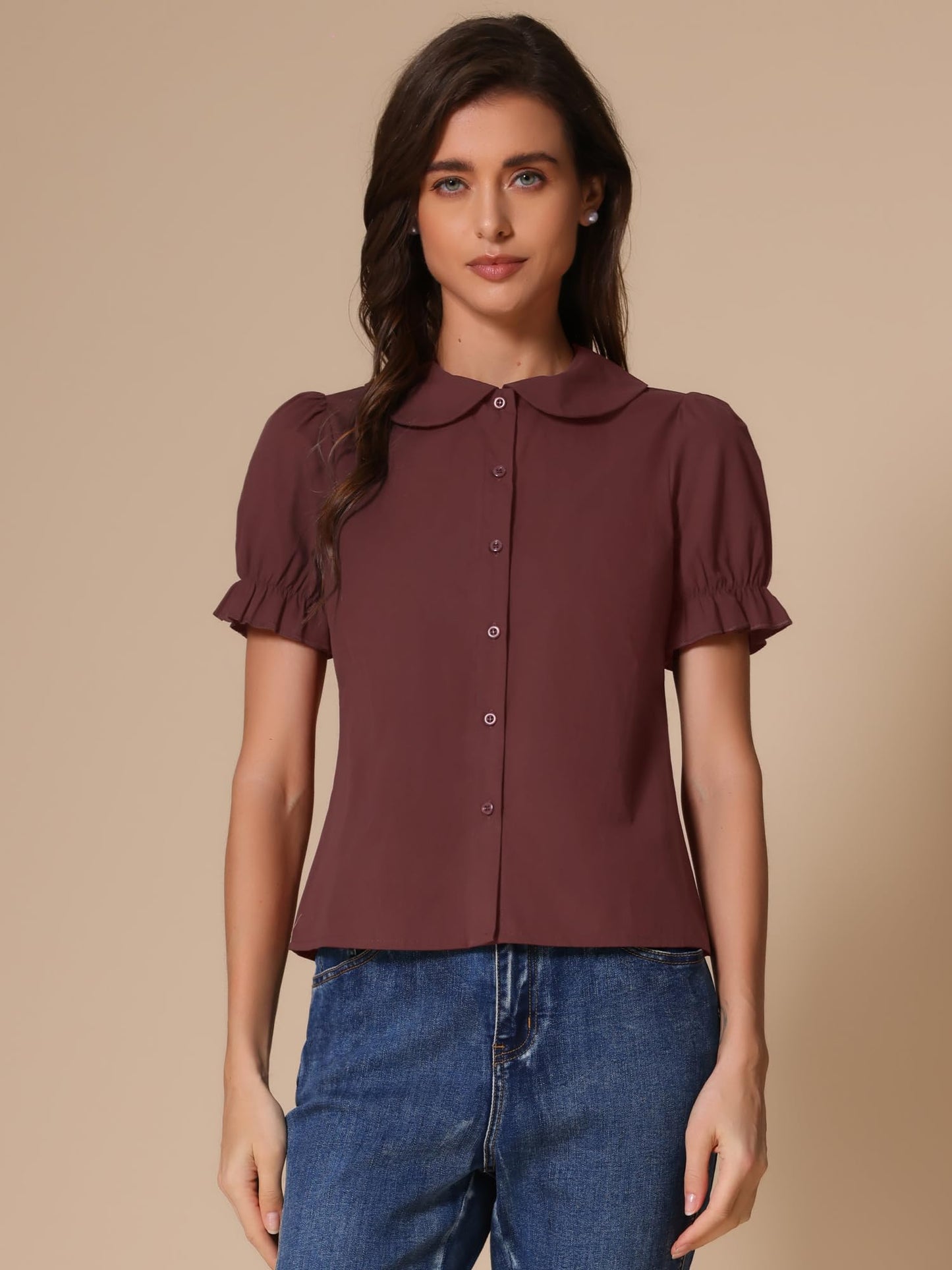 Allegra K Women's Vintage Peter Pan Collar Tie Neck Casual Cute Cotton Button-Up Shirt