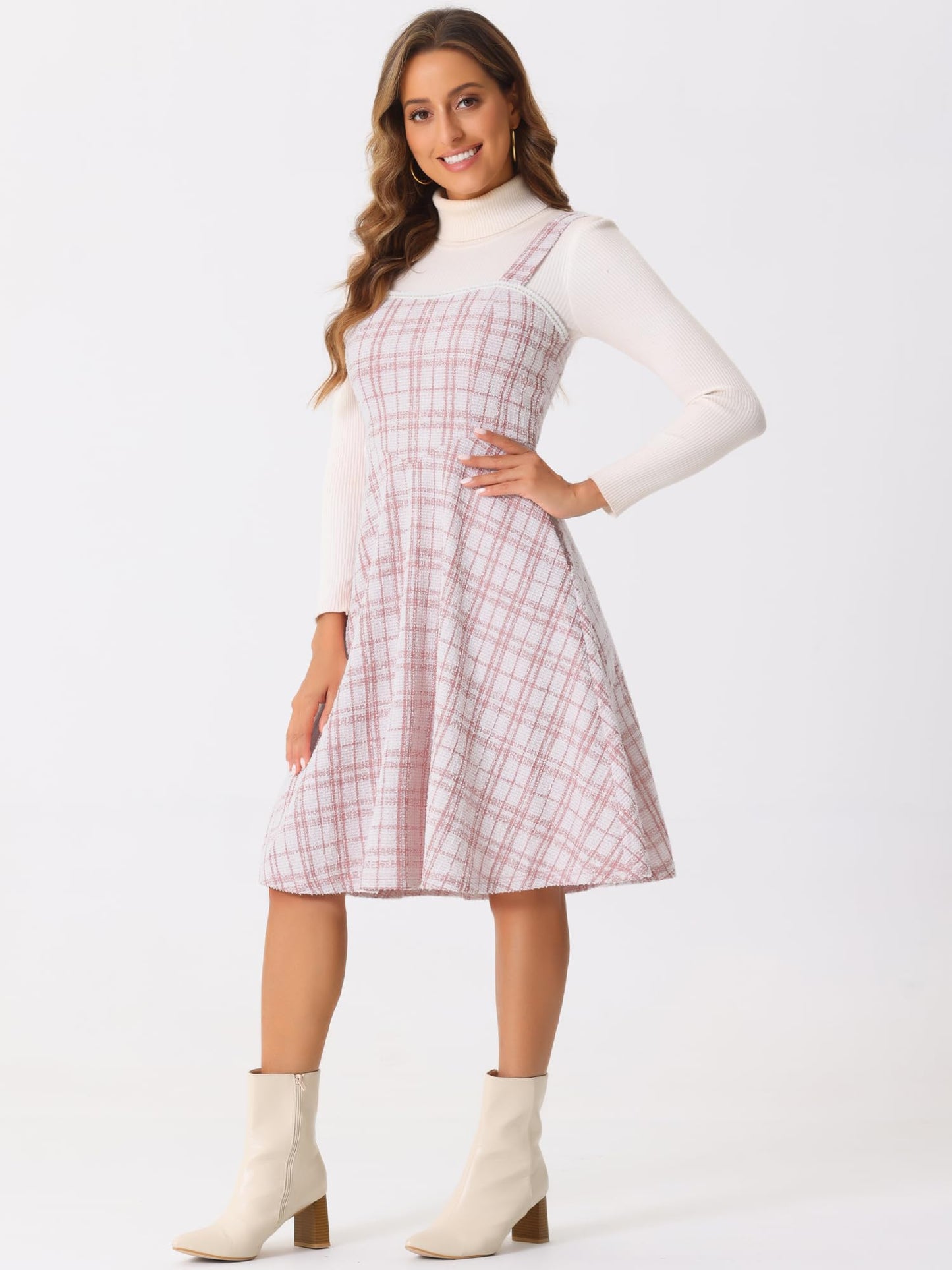 Allegra K Tweed Dress for Women Sleeveless Square Neck Plaid A-Line Pinafore Overall Dresses