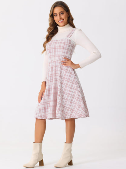 Allegra K Tweed Dress for Women Sleeveless Square Neck Plaid A-Line Pinafore Overall Dresses