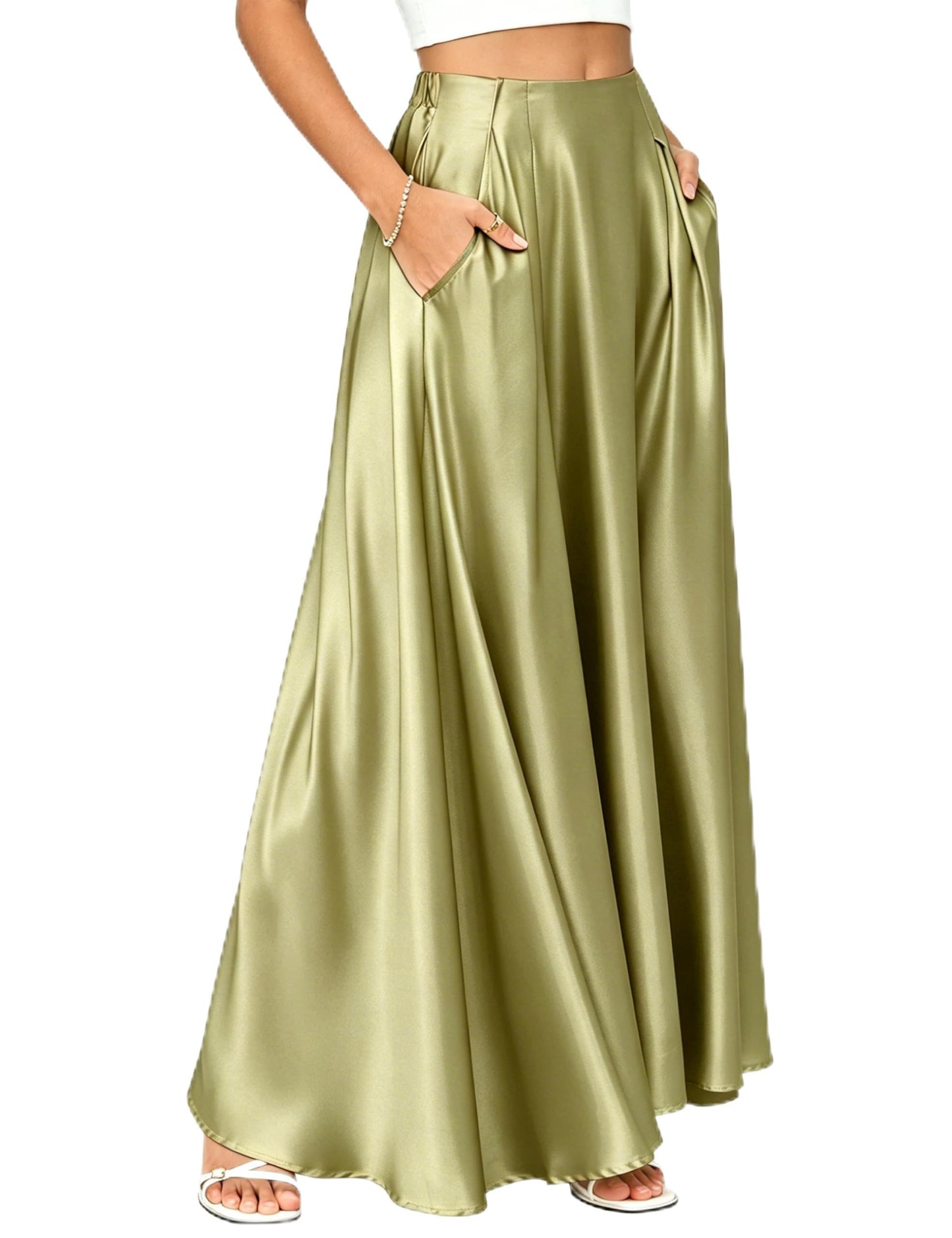 MAKABO Maxi Satin Skirts for Womens High Waisted Flowy Long A line Skirt Trendy for Office Holiday Party