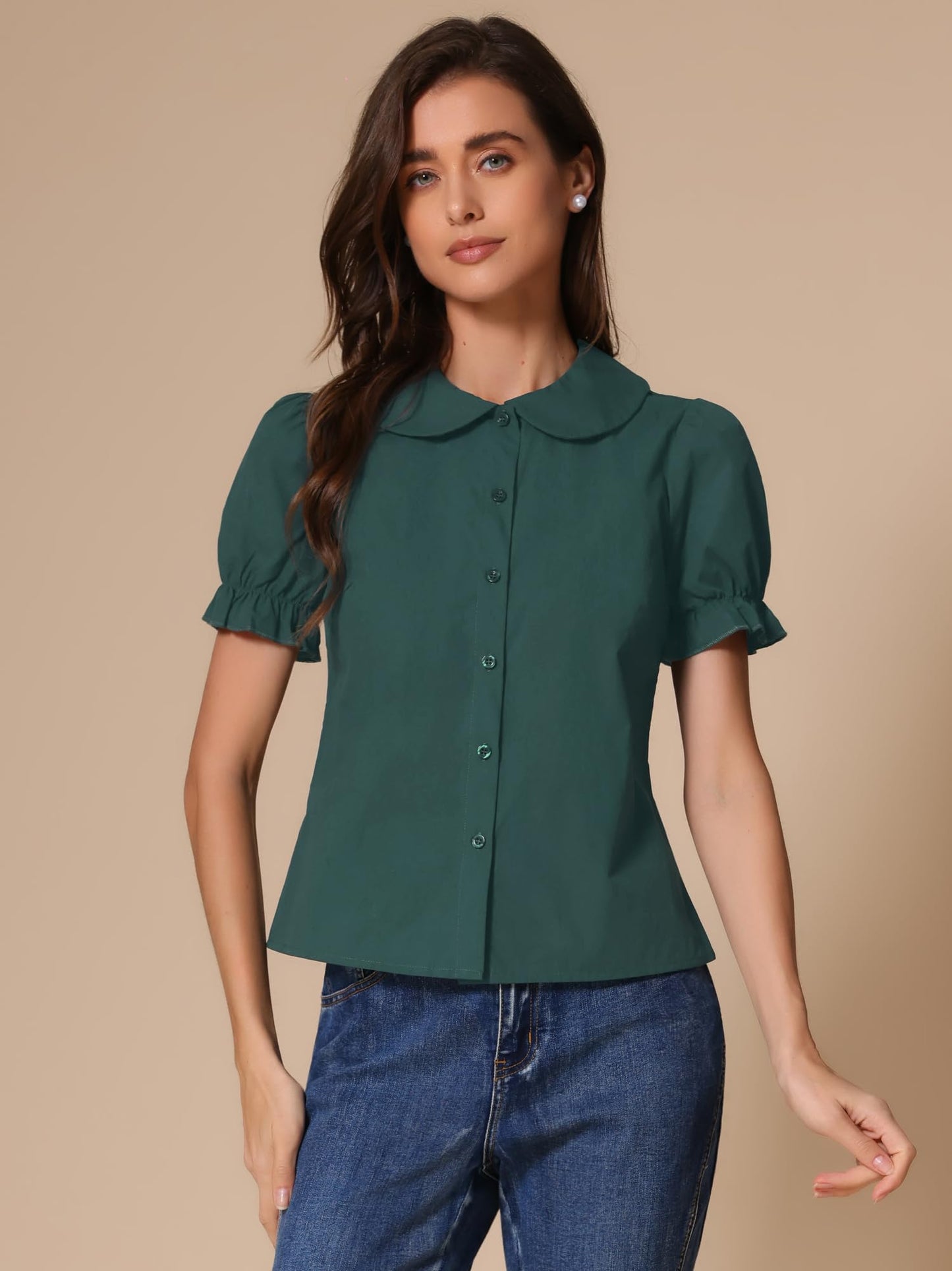 Allegra K Women's Vintage Peter Pan Collar Tie Neck Casual Cute Cotton Button-Up Shirt