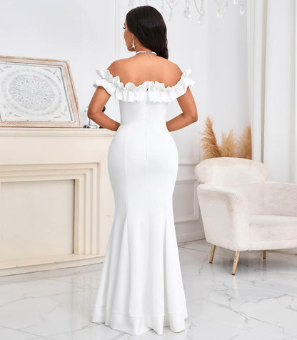 Cololura Sexy Floor-Length Off Shoulder Ruffles Stringy Selvedge Mermaid Bodycon Party Evening Maxi Dress