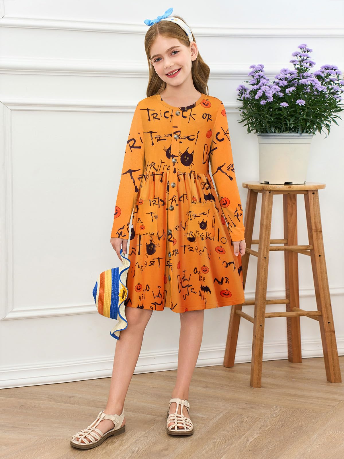 Girls Dresses Kids Button Down Midi Long Sleeve Casual A Line Dress with Pockets 4-14 Years